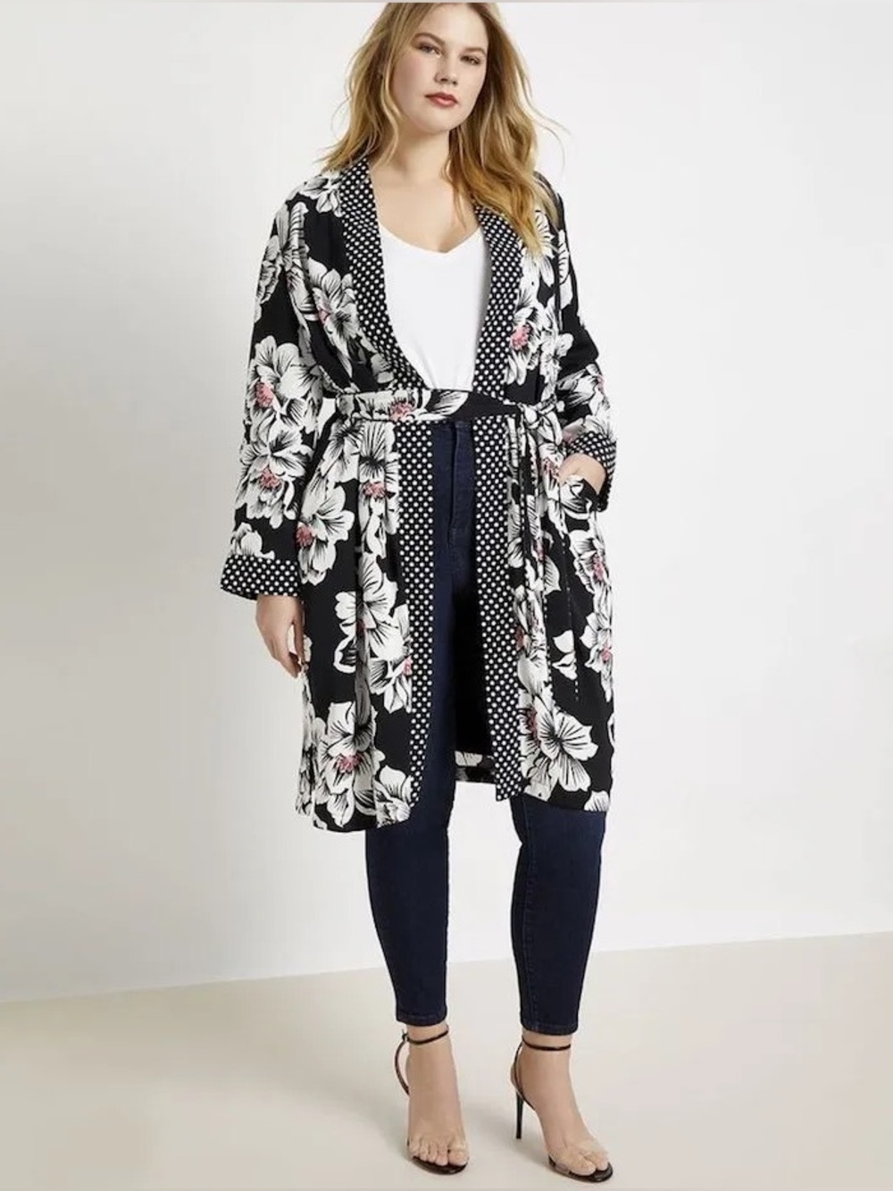 Eloquii Black Floral Duster Jacket with Pink Accents and Polka Dot Trim